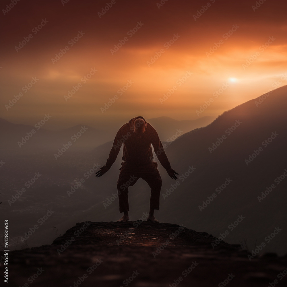 Man doing yoga on top of a mountain. Generative AI.