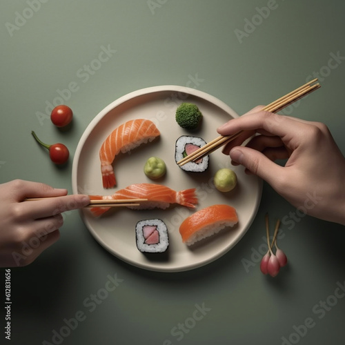 Eating sushi with chopsticks. Generative AI.