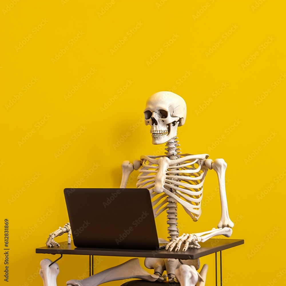 Skeleton using a laptop on a yellow background. Generative AI. Skeleton using a laptop on a yellow background. Generative AI.