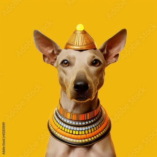 Egyptian dog. Dog on a yellow background in Egyptian clothing. Pharaoh. Generative AI.