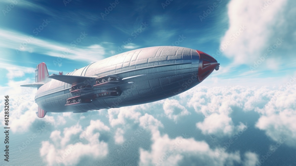 Naklejka premium a concept of a futuristic air balloon zeppelin flying in the sky. Generative AI