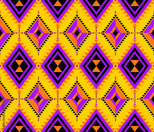 Embroidery indian aztec fabric pattern in yellow and purple vector illustration design for fabric, mat, carpet, scarf, wrapping paper, tile and more