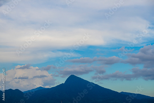 View of landscape nature and mountain with sunlight and sunset or sunrise in morning light