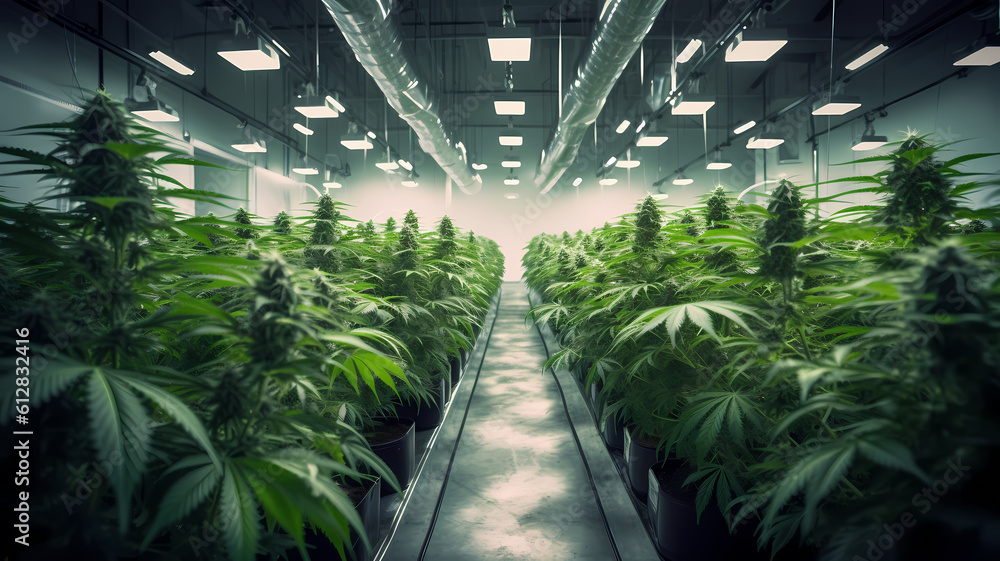 Cannabis farm indoor. Many marijuana plants stand side by side in a warehouse-Generative AI Cannabis farm indoor. Many marijuana plants stand side by side in a warehouse-Generative AI