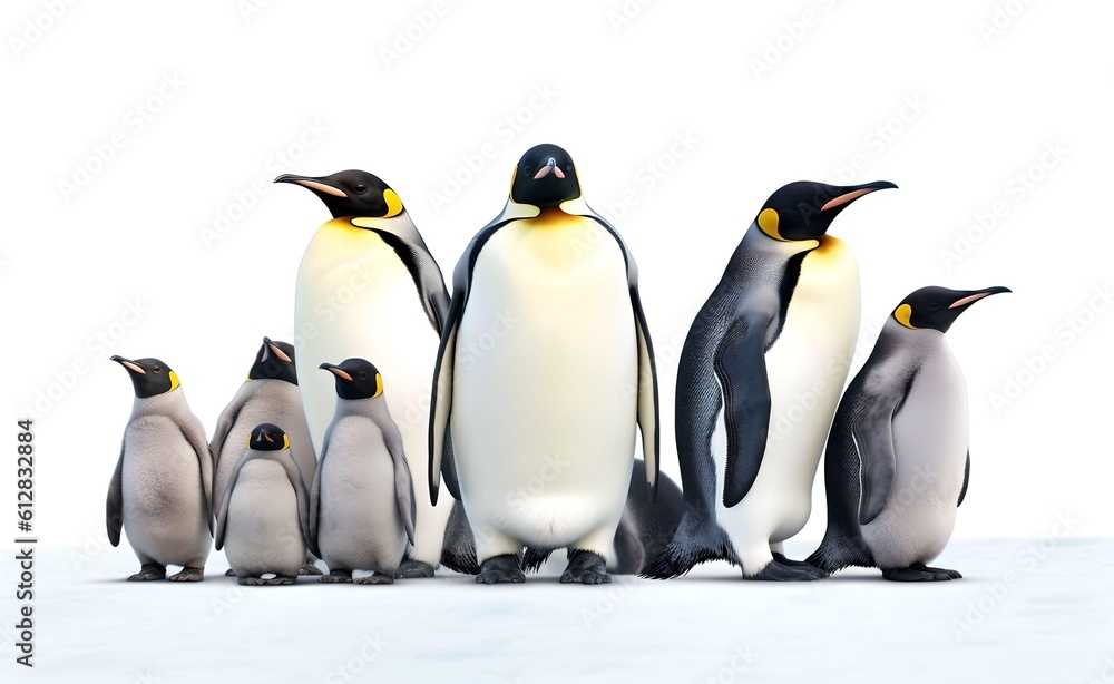 Fototapeta premium Group of Emperor Penguins on a white background. Generative AI.