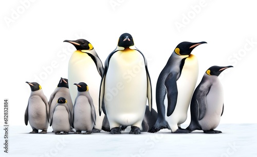 Group of Emperor Penguins on a white background. Generative AI.