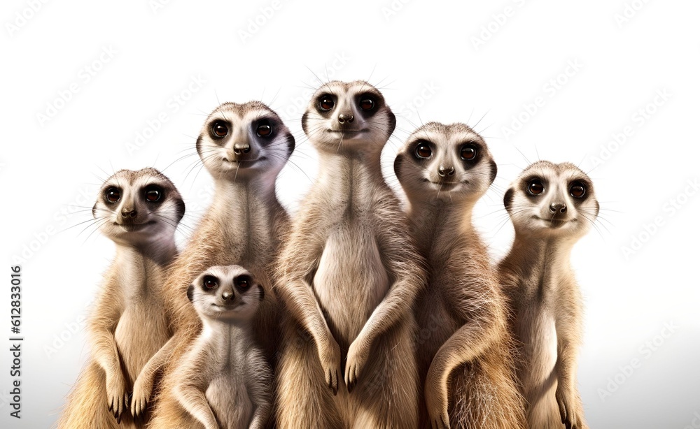 Cheerful group of suricate on a white background. Generative AI. Cheerful group of suricate on a white background. Generative AI.