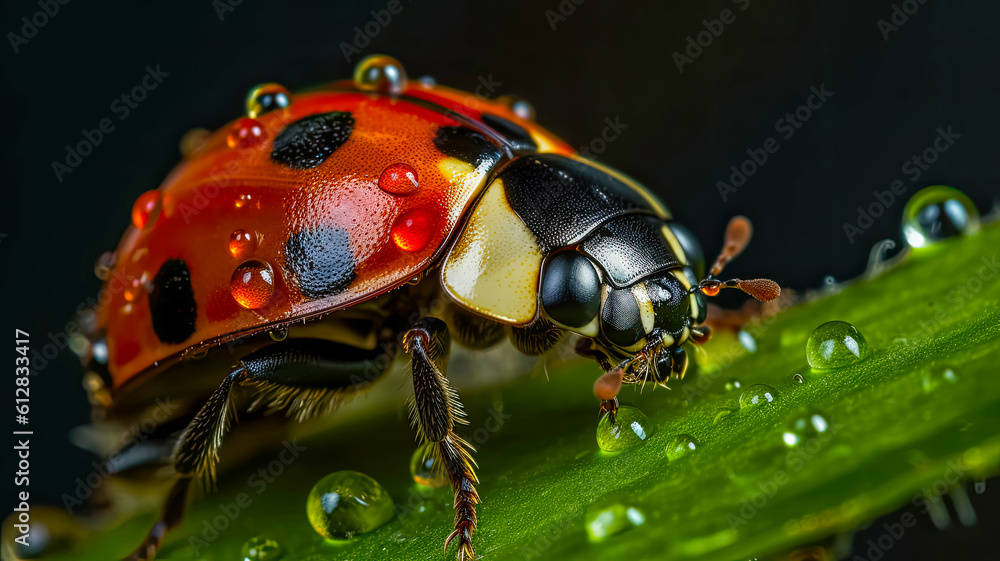 Ladybug in dew drops on leaf, close-up idea of macro photography of insects on lawn, AI generated