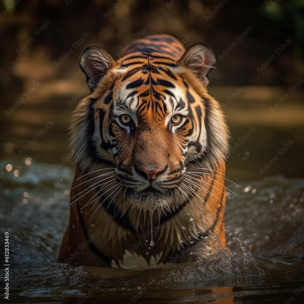 tiger walking in water, in the style of vivid portraiture, hdr, sumatraism, national geographic photo, distinct framing, depth of field. Ai generative.
