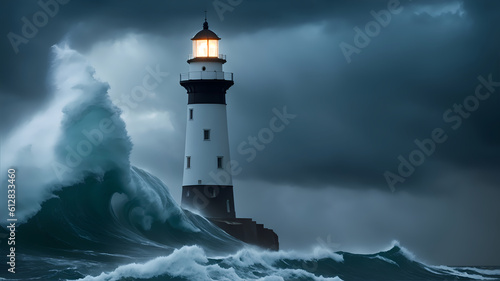 Lighthouse in a storm with brutal waves an thunder | Digital art