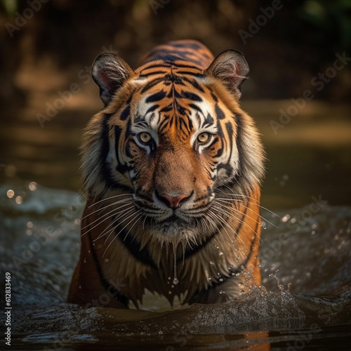 tiger walking in water, in the style of vivid portraiture, hdr, sumatraism, national geographic photo, distinct framing, depth of field. Ai generative. photo