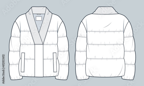 Padded Jacket technical fashion Illustration. Down Jacket, Outerwear fashion flat technical drawing template, kimono robbed collar, pocket, front and back view, white, women, men, unisex CAD mockup.