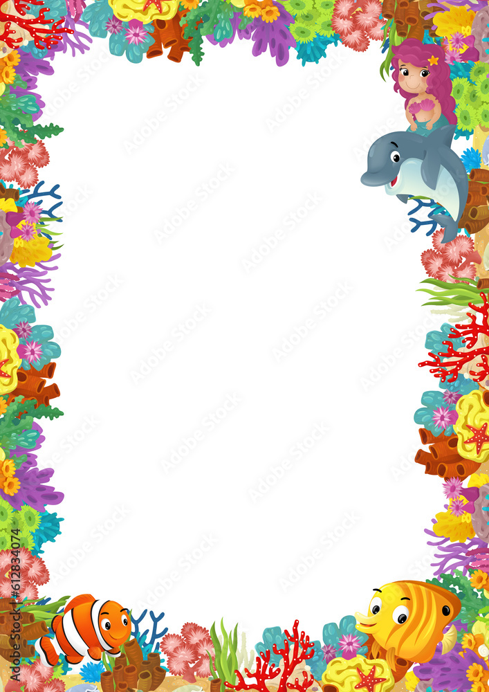 cartoon scene with coral reef and happy fishes swimming near mermaid princess isolated illustration for children cartoon scene with coral reef and happy fishes swimming near mermaid princess isolated illustration for children