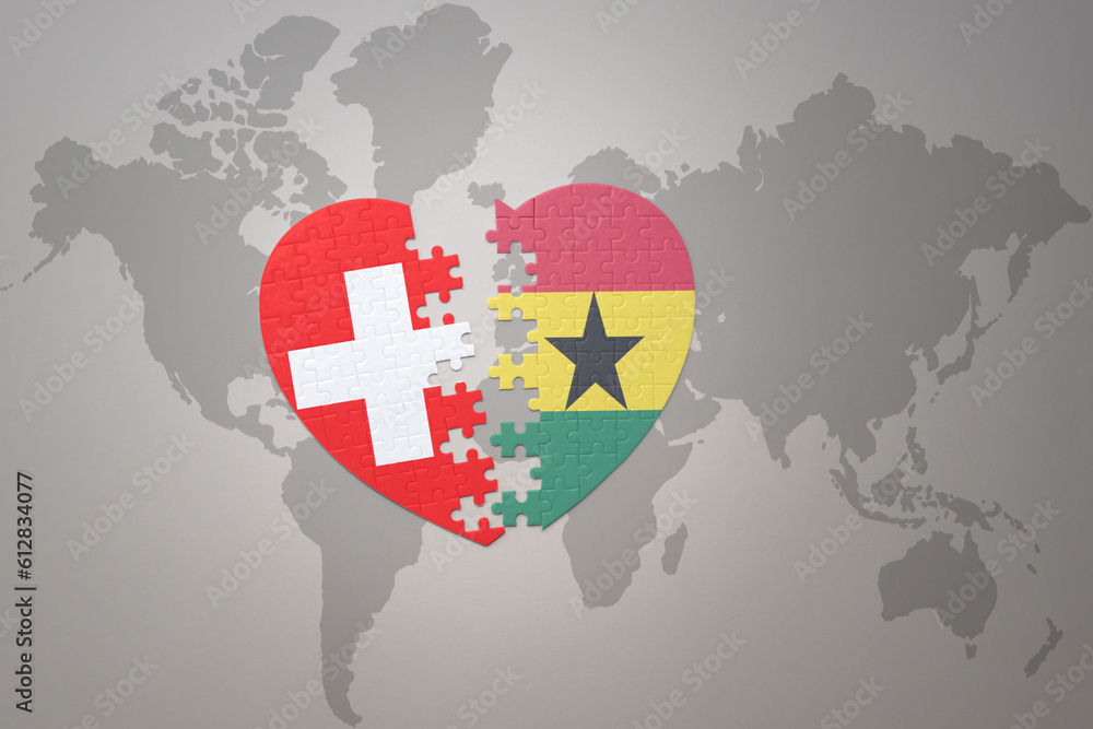 puzzle heart with the national flag of ghana and switzerland on a world ...