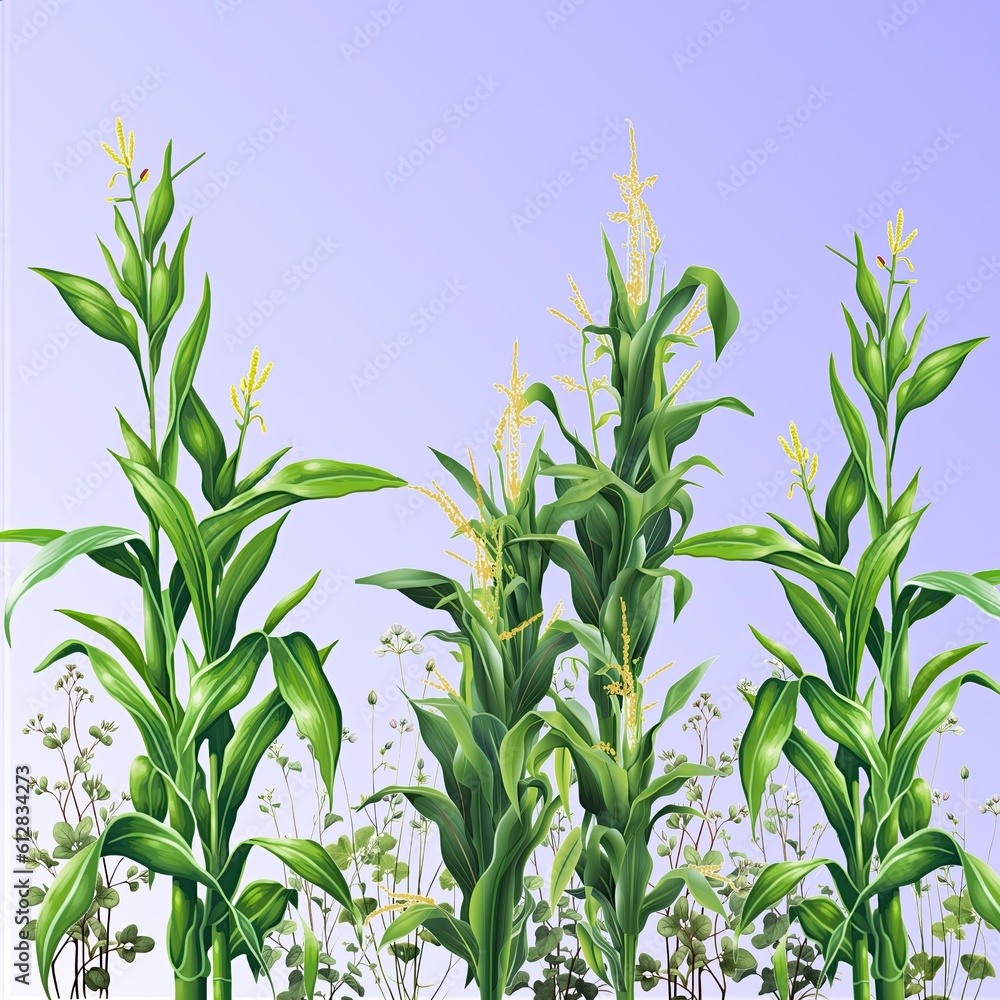 AI-generated illustration of cover crops: Corn plus common buckwheat as a cover crop. MidJourney.