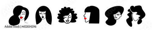 girl face logos for beauty salon. makeup and beautiful hairstyles icons set. female emblem portrait