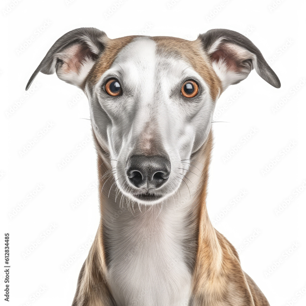 Greyhound dog portrait, isolated on a white background, ai generative