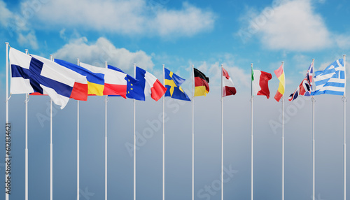 Flags fluttering in the wind. On a sky background. 3d render illustration