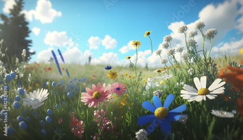 An illustration of a springtime flower meadow. Generative ai.