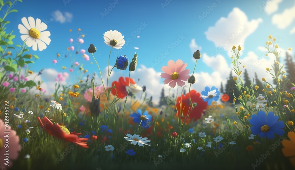 An illustration of a springtime flower meadow. Generative ai.