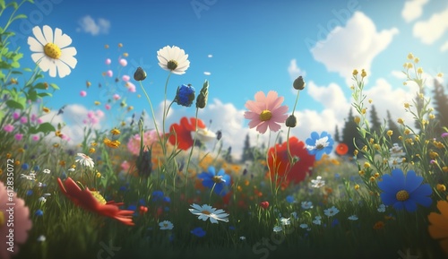 An illustration of a springtime flower meadow. Generative ai.