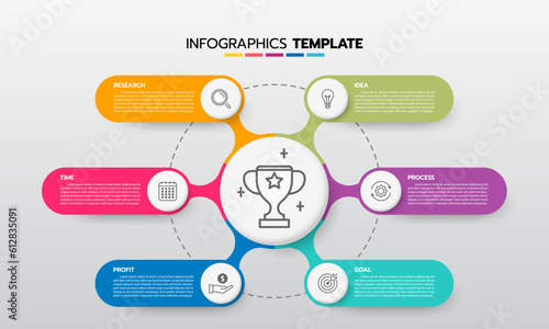 Business infographic template process with simple geometry square, rectangle, circle, triangle, curves in flat design template with thin line icons and 6 options or steps. Vector illustration.