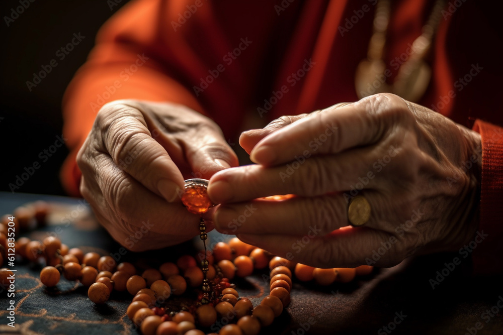 Image of hands of a yong lady holding a rosary, engaged in prayerful contemplation Image ai generate