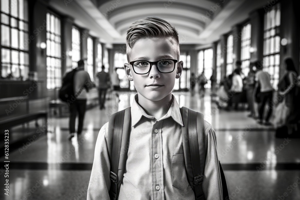 a photo of a young school boy with glasses and a backpack staying in ...