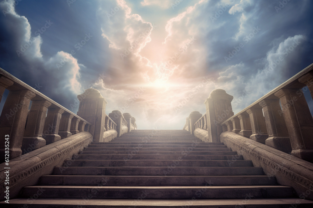 Obraz premium A captivating image of a stairway ascending toward the heavenly sky, bathed in divine light. Image ai generate