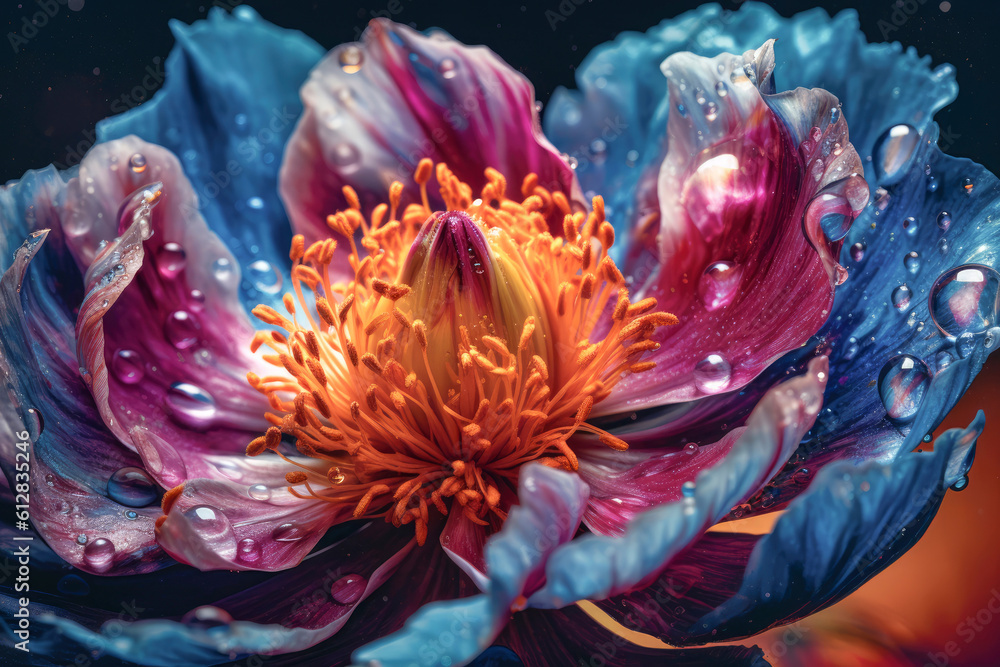 Close-up blooming delicate peony flower as floral colorful background. Bright botanical background for wallpaper, poster, product packaging, wedding invitation or presentations. Generative AI Close-up blooming delicate peony flower as floral colorful background. Bright botanical background for wallpaper, poster, product packaging, wedding invitation or presentations. Generative AI