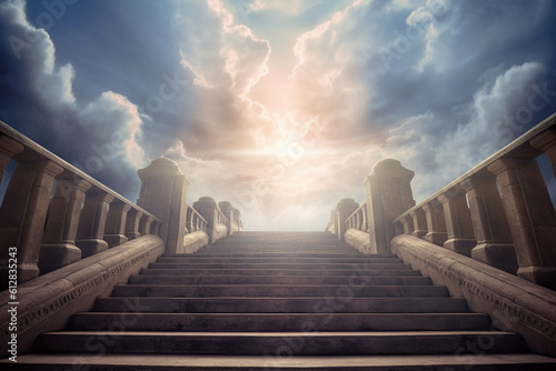 A captivating image of a stairway ascending toward the heavenly sky, bathed in divine light. Image ai generate
