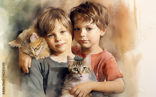 Children adopting cat from animal shelter taking her home. Post processed AI generated image.