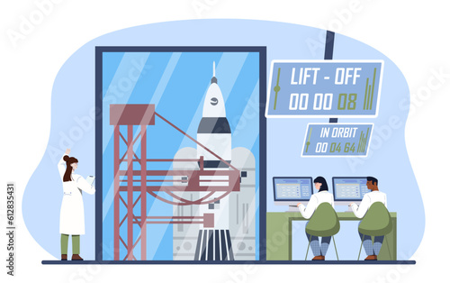 Flight control center concept. Men and women in medical suits look through glass at rocket flight. Team of scientists and engineers. Space mission and station. Cartoon flat vector illustration