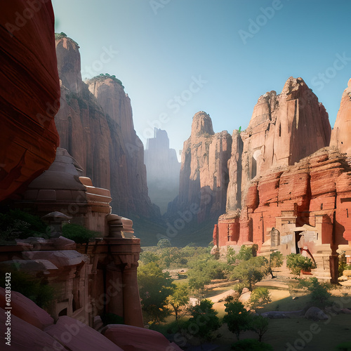 Ancient old buildings in the rocks,Fantasy, Epic Cinematic Brilliant Stunning Intricate Meticulously Detailed Dramatic Atmospheric Maximalist Digital Matte Painting,Generative AI