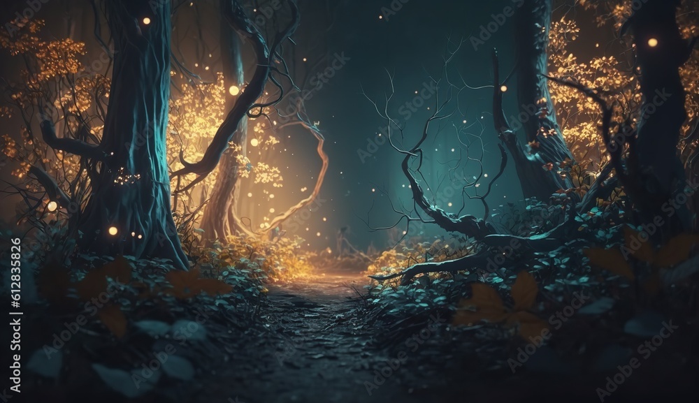 Naklejka premium Fantasy nighttime forest landscape with shimmering lights. Generative AI.