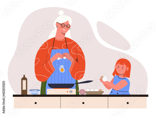 Grandmother and granddaughter at kitchen. Elderly woman with little helper in kitchen. Family preparing lunch or breakfast, scrambled eggs. Parent and kid with food. Cartoon flat vector illustration