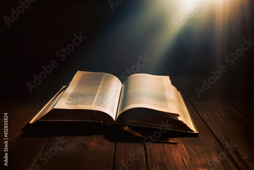 Open Bible with a light coming from above on a wooden desk Image ai generate © Creative Clicks