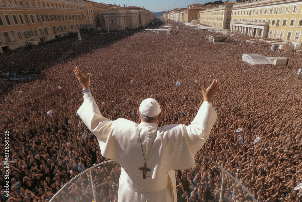 Photo of pope with his back turned to the camera greeting people Image ai generate - obrazy, fototapety, plakaty 