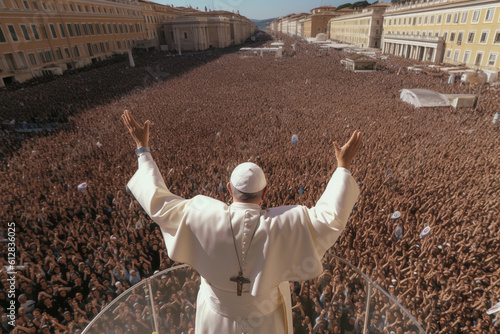Canvas Print Photo of pope with his back turned to the camera greeting people Image ai genera