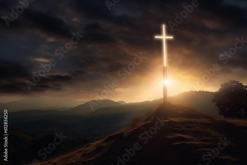 A captivating scene of a cross radiating luminous light against a celestial sky Image ai generate