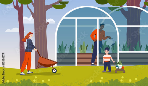 People near greenhouse concept. Man and woman with child working in garden, planting vegetables and flowers. Love for plants. Botany and floristry, horticulture. Cartoon flat vector illustration