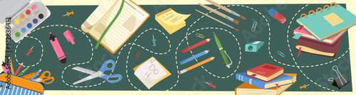 Vector horizontal banner with a set of school supplies. School design. Web banner. Suitable for posters, school illustrations, postcards.