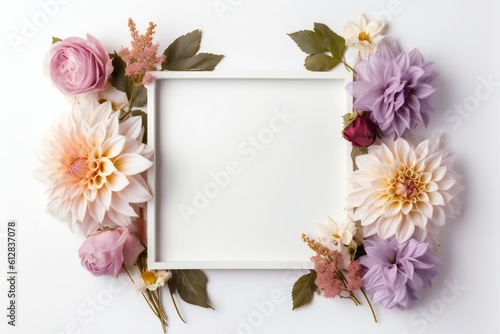 Empty frame with flowers on white background for wedding and valentine s day Generative AI