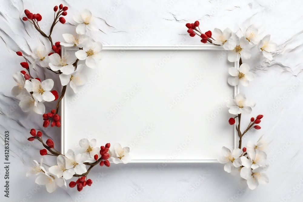 Empty frame with flowers on white background for wedding and valentine's day Generative AI Empty frame with flowers on white background for wedding and valentine's day Generative AI