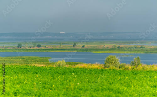 Summer landscape. River in the European part of the world. Sunny warm day. Green trees, grass. Blue sky with a small cloud cover. © Татьяна Мищенко