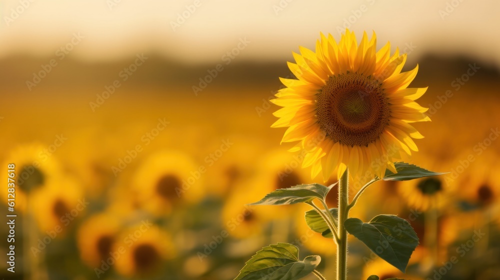 Fototapeta premium Beautiful field of blooming sunflowers against sunset. Generative AI.