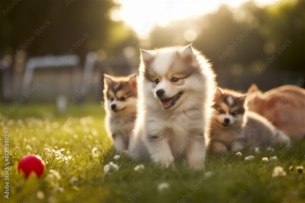 Group of puppies of siberian husky playing in the grass with red ball playing ia generative