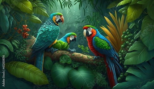 Illustration of a tropical rainforest with parrots. Generative AI.
