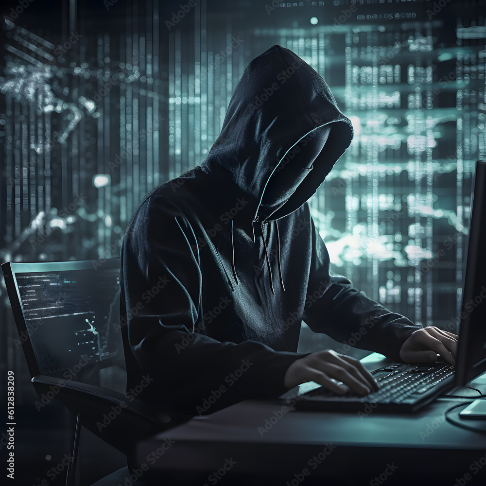 Hacker typing computer. Concept of cybercrime, cyberattack, dark web. AI generated Hacker typing computer. Concept of cybercrime, cyberattack, dark web. AI generated