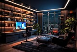 Stylish luxury home office interior a view of the city. Generative AI